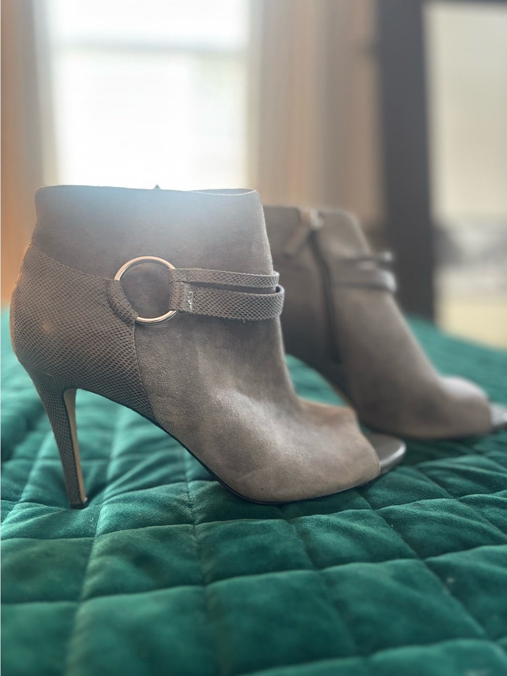 Light grey suede ankle peep toe booties
